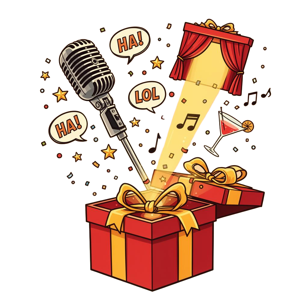 A gift box bursting with laughter, microphones and confetti